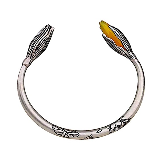 Handmade Jade Flower Sterling Silver Bangle Bracelet - Picture 2 of 11